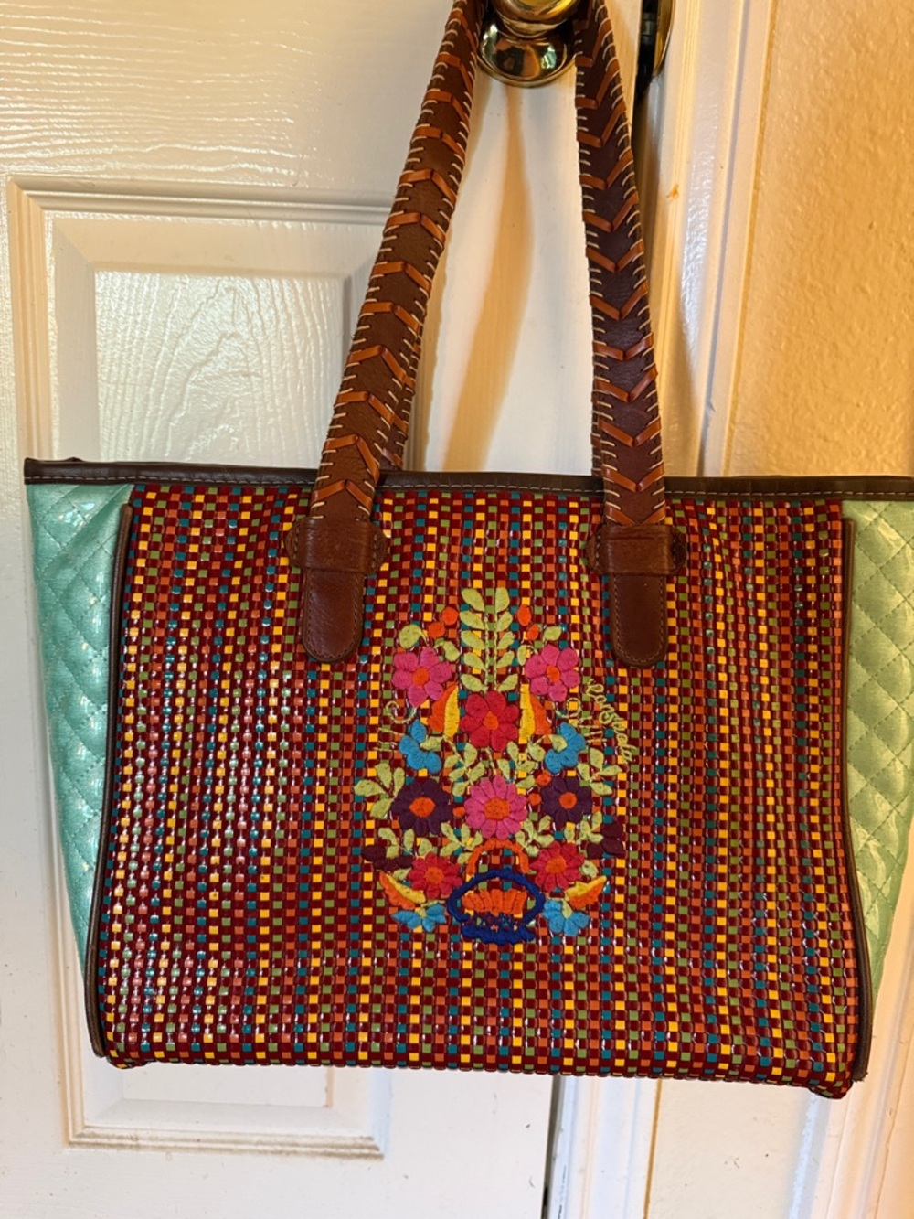 Consuela Multicolor Woven Tote with Mint Side Panels